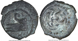 JUDAEA. Herodians. Herod Archelaus (4 BC-AD 6). AE half-prutah (15mm, 12h). NGC VF. Jerusalem. Η-P-W, prow of galley left / ΕΘΝ, legend within wreath....