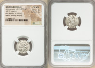 Anonymous. Ca. 211-208 BC. AR victoriatus (17mm, 5h). NGC Choice MS 5/5 - 5/5. Rome. Laureate head of Jupiter right; dotted border / ROMA, Victory sta...