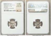 Anonymous. After ca. 211 BC. AR denarius (17mm, 3.83 gm, 11h). NGC Choice AU 4/5 - 5/5. Rome. Head of Roma right, wearing winged helmet decorated with...