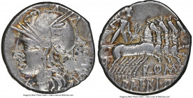 M. Baebius Q.f. Tampilus (ca. 137 BC). AR denarius (16mm, 3.87 gm, 7h). NGC VF 5/5 - 4/5. TAMPIL, head of Roma left in winged helmet decorated with gr...