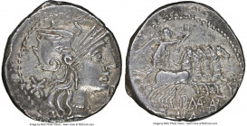 P. Maenius Antiaticus (ca. 132 BC). AR denarius (19mm, 3.90 gm, 4h). NGC XF 4/5 - 3/5. Rome. Head of Roma right, wearing winged helmet surmounted by g...