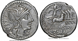 M. Aburius Geminus (ca. 132 BC). AR denarius (19mm, 3.85 gm, 3h). NGC Choice VF 5/5 - 2/5, edge cuts, bankers marks. Rome. GEM, head of Roma right, we...
