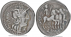 M. Vargunteius (ca. 130 BC). AR denarius (20mm, 3.84 gm, 7h). Fine 5/5 - 5/5. Rome. M•VARG (ligate), head of Roma right, wearing winged helmet decorat...