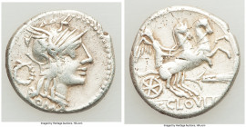 T. Cloelius (ca. 128 BC). AR denarius (19mm, 3.80 gm, 8h). VF. Rome. Head of Roma right, wearing winged helmet surmounted by griffin crest; wreath beh...