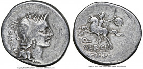 M. Sergius Silus (116-115 BC). AR denarius (18mm, 5h). NGC Fine. Rome, special quaestorian issue. Head of Roma right, wearing winged helmet decorated ...