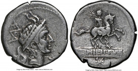 L. Philippus (ca. 113-112 BC). AR denarius (17mm, 3.87 gm, 9h). NGC VF 5/5 - 2/5, graffito, edge cut. Rome. ROMA in monogram, head of Philip V of Mace...