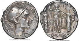 Cn. Blasio Cn. f. (ca. 112/1 BC). AR denarius (18mm, 3.89 gm, 5h). NGC XF 3/5 - 2/5. Rome. CN•BLASIO•CN•F, helmeted head right (Scipio Africanus?), st...