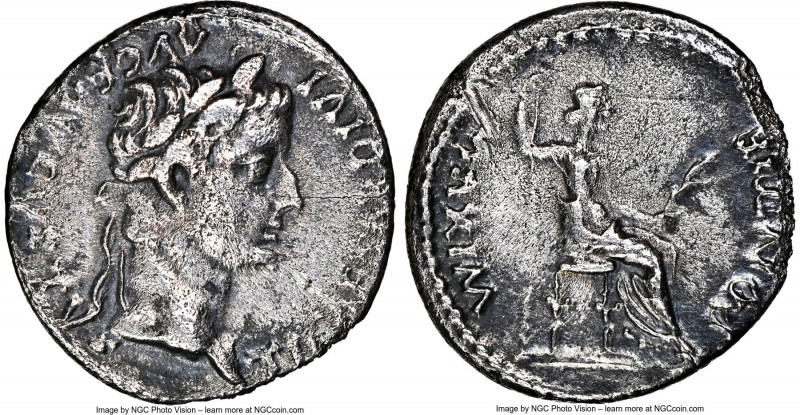 Tiberius (AD 14-37). AR denarius (18mm, 3.54 gm, 5h). NGC XF 5/5 - 2/5, edge chi...