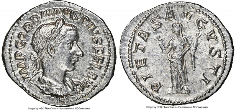 Gordian III (AD 238-244). AR denarius (21mm, 3.33 gm, 5h). NGC MS 5/5 - 3/5. Rom...