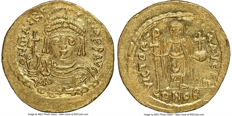 Maurice Tiberius (AD 582-602). AV solidus (21mm, 4.40 gm, 7h). NGC MS 4/5 - 4/5,...