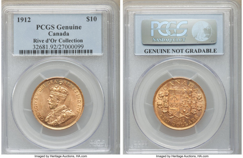 George V gold 10 Dollars 1912 Genuine PCGS, Ottawa mint, KM27. AGW 0.4837 oz. Ex...