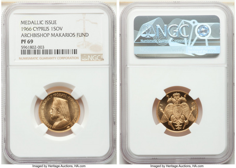 Republic gold Proof "Archbishop Makarios Fund" Medallic Sovereign 1966 PR69 NGC,...