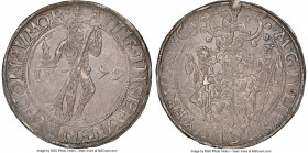 Brunswick-Wolfenbüttel. Julius Taler 1579 AU53 NGC, Goslar mint, Dav-9063. Wildman with tree trunk and candle / coat of arms. Mauve and blue toning. ...