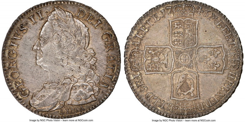 George II "Lima" 1/2 Crown 1746 MS63 NGC, KM584.3, S-3695A. Struck with Spanish ...