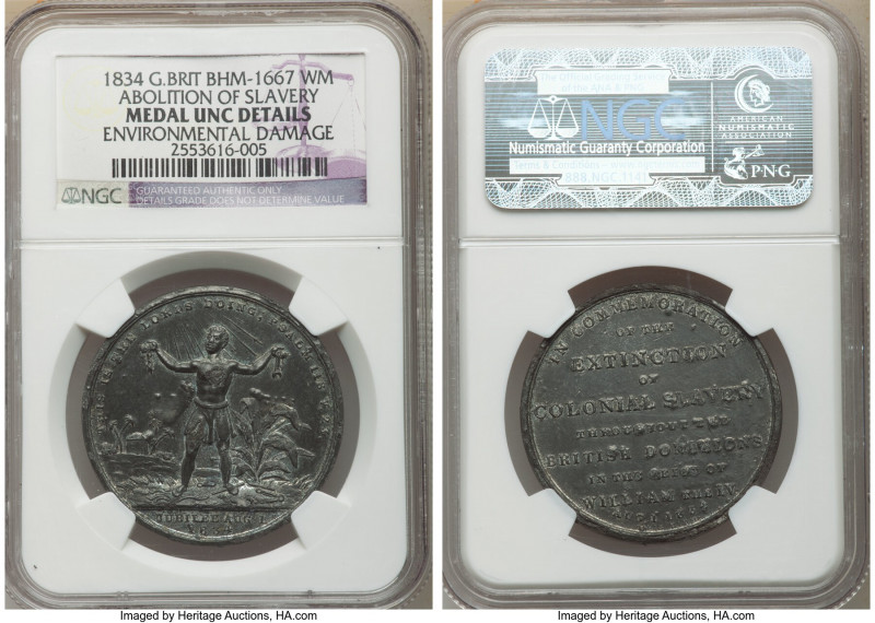 "Abolition of Slavery" white metal Medal 1834 UNC Details (Environmental Damage)...