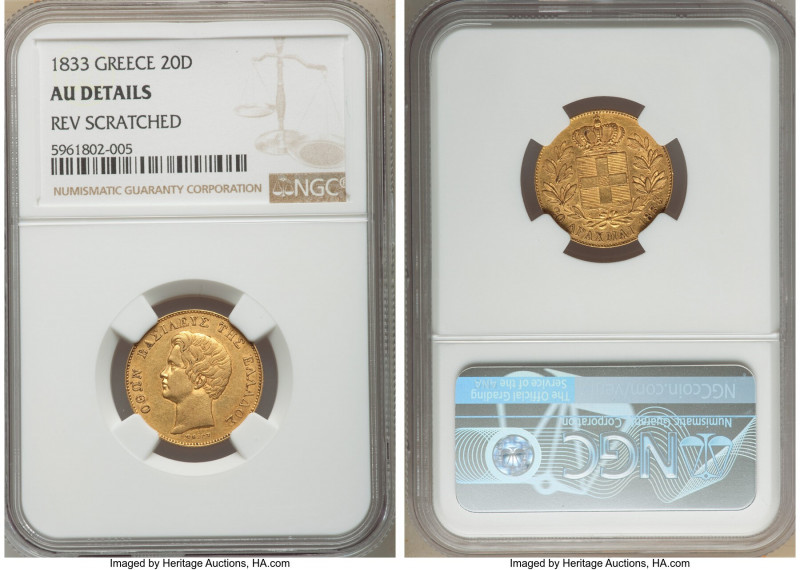 Othon gold 20 Drachmai 1833 AU Details (Reverse Scratched) NGC, Munich mint, KM2...