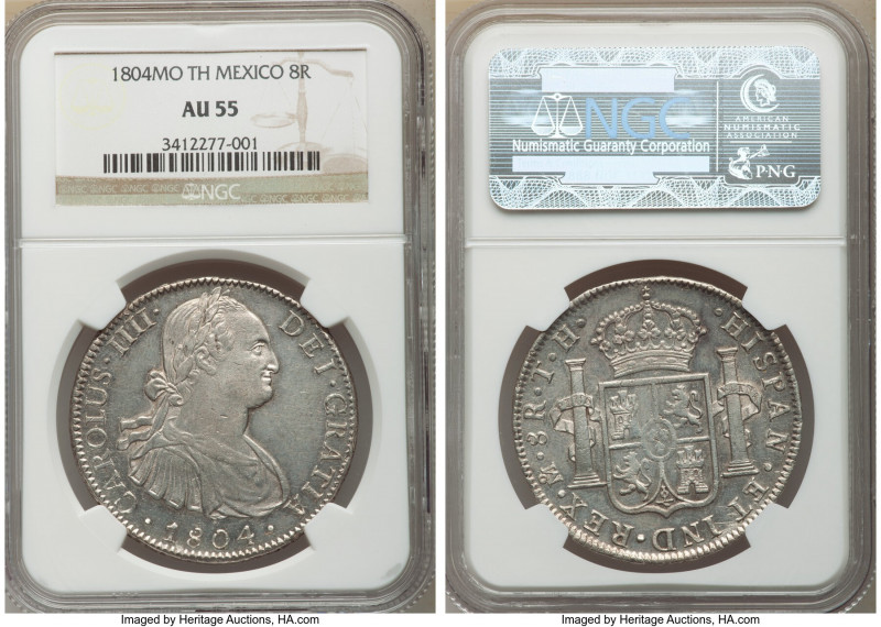 Charles IV 8 Reales 1804 Mo-TH AU55 NGC, Mexico City mint, KM109. Lightly toned ...