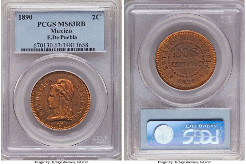 Estados de Puebla bronze Pattern 2 Centavos 1890 MS63 Red and Brown PCGS, KMX-NC...