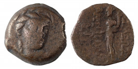 SELEUKID KINGS of SYRIA.  Antiochus IV Epiphanes, 175-164 BC. Ae (bronze, 3.17 g, 15 mm), Seleuceia ad Tigrim. Laureate head of Apollo facing three qu...
