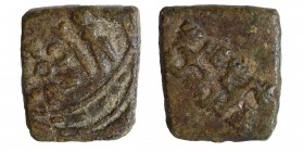 Gujarat. Saurashtra. Anonymous, ca. 2nd century BC, Ae square unit (bronze, 7.26 g, 20 mm). Crude man with taurine standard, 6-arm symbol to left, boa...