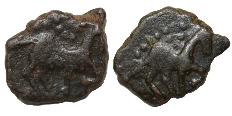 Gujarat. Saurashtra. Uncertain. Ae unit (bronze, 1.48 g, 14 mm), possibly of a l...