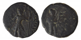 INDIA, Kushan Empire. Kanishka I, circa 127-152. Drachm (bronze, 4.25 g, 17 mm). ÞAO ΚANηρKI Kanishka I standing front, head to left, sacrificing with...