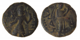 INDIA, Kushan Empire. Kanishka I, circa 127-152. Drachm (bronze, 4.02 g, 18 mm). ÞAO ΚANηρKI Kanishka I standing front, head to left, sacrificing with...