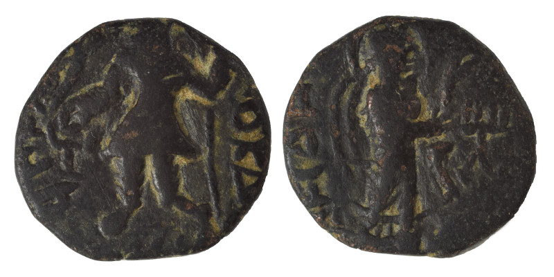 INDIA, Kushan Empire. Kanishka I, circa 127-152. Drachm (bronze, 3.96 g, 18 mm)....