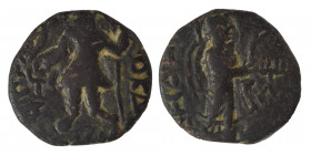 INDIA, Kushan Empire. Kanishka I, circa 127-152. Drachm (bronze, 3.96 g, 18 mm). ÞAO ΚANηρKI Kanishka I standing front, head to left, sacrificing with...
