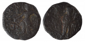 INDIA, Kushan Empire. Kanishka I, circa 127-152. Drachm (bronze, 4.37 mm, 17 mm). ÞAO ΚANηρKI Kanishka I standing front, head to left, sacrificing wit...