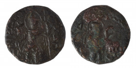 INDIA, Kushan Empire. Kanishka I, circa 127-152. Drachm (bronze, 4.97 g, 18 mm). ÞAO ΚANηρKI Kanishka I standing front, head to left, sacrificing with...