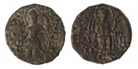 INDIA, Kushan Empire. Kanishka I, circa 127-152. Drachm (bronze, 5.00 g, 17 mm). ÞAO ΚANηρKI Kanishka I standing front, head to left, sacrificing with...