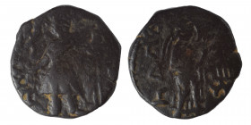 INDIA, Kushan Empire. Kanishka I, circa 127-152. Drachm (bronze, 3.88 g, 17 mm). ÞAO ΚANηρKI Kanishka I standing front, head to left, sacrificing with...