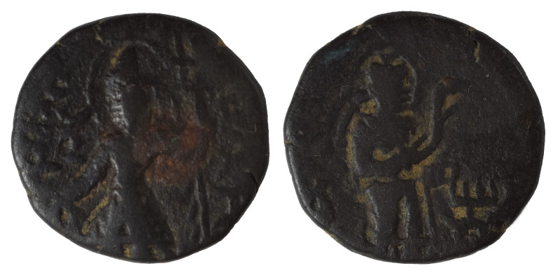 INDIA, Kushan Empire. Kanishka I, circa 127-152. Drachm (bronze, 4.26 g, 17 mm)....