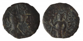 INDIA, Kushan Empire. Kanishka I, circa 127-152. Drachm (bronze, 3.77 g, 18 mm). ÞAO ΚANηρKI Kanishka I standing facing, head to left, sacrificing ove...