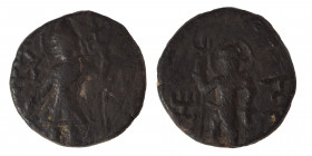 INDIA, Kushan Empire. Kanishka I, circa 127-152. Drachm (bronze, 4.15 g, 17 mm). ÞAO ΚANηρKI Kanishka I standing facing, head to left, sacrificing ove...