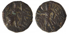 INDIA, Kushan Empire. Kanishka I, circa 127-152. Drachm (bronze, 4.44 gm 17 mm). ÞAO ΚANηρKI Kanishka standing left, holding goad and standard, sacrif...