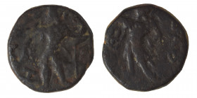 INDIA, Kushan Empire. Kanishka I, circa 127-152. Drachm (bronze, 4.83 g, 17 mm). ÞAO ΚANηρKI Kanishka standing left, holding goad and standard, sacrif...