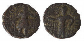 INDIA, Kushan Empire. Kanishka I, circa 127-152. Drachm (bronze, 3.76 g, 17 mm). ÞAO ΚANηρKI Kanishka I standing facing, head to left, sacrificing ove...