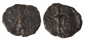 INDIA, Kushan Empire. Kanishka I, circa 127-152. Drachm (bronze, 4.88 g, 19 mm). ÞAO ΚANηρKI Kanishka I standing facing, head to left, sacrificing ove...