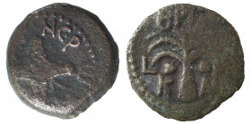 JUDAEA. Procurators. Antonius Felix, 52-59. Ae Prutah (bronze, 2.36 g, 17 mm), in the name of Nero Claudius Caesar and Britannicus. Jerusalem. NEPω [K...