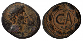 Augustus, 27 BC–14 AD, Asia Minor. As (bronze, 9.67 g, 24 mm) Pergamum, circa 27 BC. Head of Augustus, bare, right. Rev. Large CA within wreath. RIC 4...