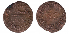 Claudius, 41-54. Quadrans (copper, 2.68 g, 13 mm), Rome, 41 AD. TI CLAVDIVS CAESAR AVG Hand to left holding scales; below, P N R. Rev. PON M TR P IMP ...