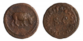 Domitian, 81-96. Quadrans (bronze, 1.95 g, 16 mm), Rome. Rhinoceros advancing right. Rev. IMP DOMIT AVG GERM. Large S • C. RIC 248. Nearly very fine....