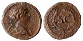 Trajan, 98-117. Half Quadrans (bronze, 1.23 g, 11 mm). Rome, for use in Syria, 116. Laureate and draped bust of Trajan to right, seen from behind. Rev...