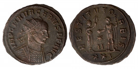 Carus, 282-283. Antoninianus (silvered bronze, 3.52 g, 22 mm), Siscia. IMP C M AVR CARVS P F AVG Radiate and cuirassed bust of Carus to right. Rev. RE...