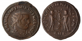 Maximianus, 286-305. Antoninianus (silvered bronze, 3.29 g, 20 mm), Antioch, struck 296. IMP C M AVR VAL MAXIMIANVS P AVG, radiate, draped, and cuiras...