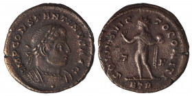 Constantine I, 307/310-337. Follis (bronze, 3.23 g, 20 mm), Treveri. IMP CONSTANTINVS AVG. Laureate and cuirassed bust right. Rev. SOLI INVICTO COMITI...