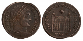 Constantine I, 307/310-337. Nummus (bronze, 2.49 g, 19 mm), Ticinum, 326. CONSTANTINVS AVG, laureate head right. Rev. D N CONSTANTINI MAX AVG, camp ga...