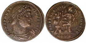 Constantine I, 307/310-337. Follis (bronze, 2.34 g, 19 mm), Constantinople, struck 328-329. CONSTANTINVS MAX AVG Laurel and rosette-diademed, draped, ...